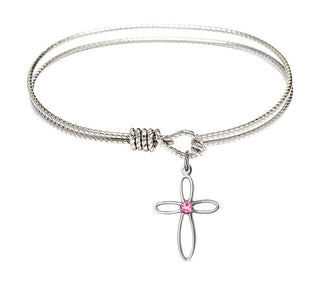 6 1/4 inch Oval Eye Hook Rhodium Bangle Bracelet with a Sterling Silver Loop Cross charm.