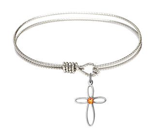 6 1/4 inch Oval Eye Hook Rhodium Bangle Bracelet with a Sterling Silver Loop Cross charm.