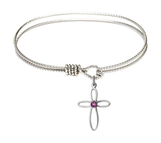 6 1/4 inch Oval Eye Hook Rhodium Bangle Bracelet with a Sterling Silver Loop Cross charm.