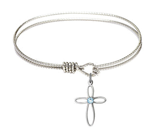 6 1/4 inch Oval Eye Hook Rhodium Bangle Bracelet with a Sterling Silver Loop Cross charm.