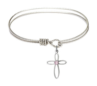 6 1/4 inch Oval Eye Hook Rhodium Bangle Bracelet with a Sterling Silver Loop Cross charm.