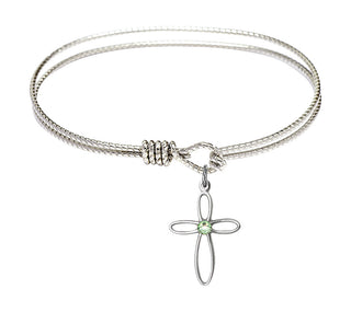 6 1/4 inch Oval Eye Hook Rhodium Bangle Bracelet with a Sterling Silver Loop Cross charm.