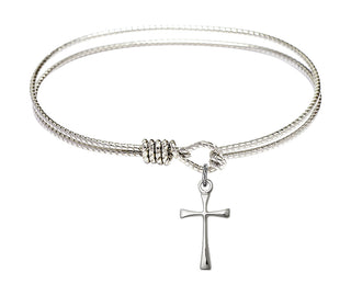 6 1/4 inch Oval Eye Hook Rhodium Bangle Bracelet with a Sterling Silver Maltese Cross charm.