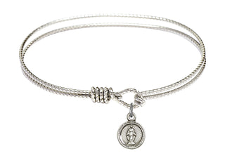 6 1/4 inch Oval Eye Hook Rhodium Bangle Bracelet with a Sterling Silver Miraculous charm.