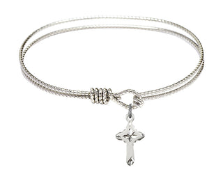 6 1/4 inch Oval Eye Hook Rhodium Bangle Bracelet with a Sterling Silver Cross charm.