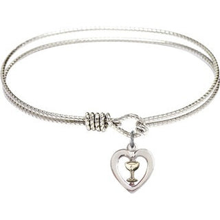 6 1/4 inch Oval Eye Hook Rhodium Bangle Bracelet with a Two-Tone SS/GF Heart / Chalice charm.