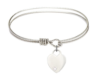 6 1/4 inch Oval Eye Hook Rhodium Bangle Bracelet with a Sterling Silver Heart charm. Engraved Catholic Saint Jewelry