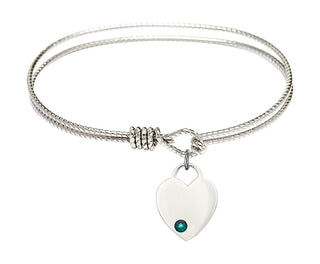 6 1/4 inch Oval Eye Hook Rhodium Bangle Bracelet with a Sterling Silver Heart charm. Engraved Catholic Saint Jewelry