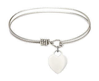 6 1/4 inch Oval Eye Hook Rhodium Bangle Bracelet with a Sterling Silver Heart charm. Engraved Catholic Saint Jewelry