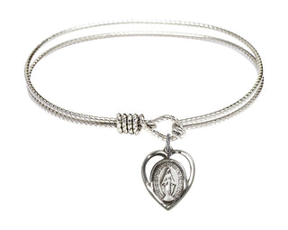 6 1/4 inch Oval Eye Hook Rhodium Bangle Bracelet with a Sterling Silver Miraculous charm.
