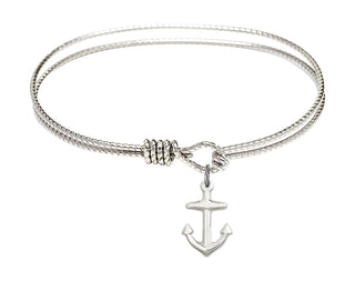 6 1/4 inch Oval Eye Hook Rhodium Bangle Bracelet with a Sterling Silver Anchor charm.