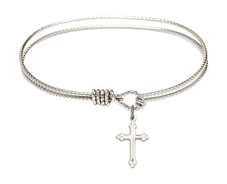 6 1/4 inch Oval Eye Hook Rhodium Bangle Bracelet with a Sterling Silver Cross Charm charm.