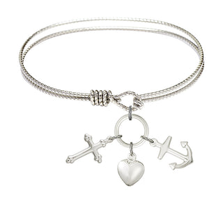 6 1/4 inch Oval Eye Hook Rhodium Bangle Bracelet with a Sterling Silver Cross Charm charm.