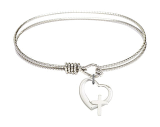 6 1/4 inch Oval Eye Hook Rhodium Bangle Bracelet with a Sterling Silver Heart / Cross charm.