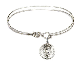 6 1/4 inch Oval Eye Hook Rhodium Bangle Bracelet with a Sterling Silver Our Lady of Guadalupe charm.