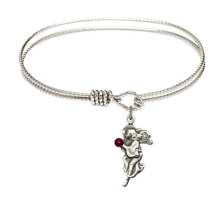 6 1/4 inch Oval Eye Hook Rhodium Bangle Bracelet with a Sterling Silver Guardian Angel charm.