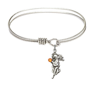 6 1/4 inch Oval Eye Hook Rhodium Bangle Bracelet with a Sterling Silver Guardian Angel charm.