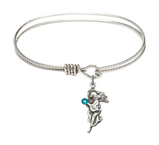 6 1/4 inch Oval Eye Hook Rhodium Bangle Bracelet with a Sterling Silver Guardian Angel charm.