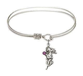 6 1/4 inch Oval Eye Hook Rhodium Bangle Bracelet with a Sterling Silver Guardian Angel charm.