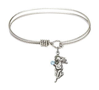 6 1/4 inch Oval Eye Hook Rhodium Bangle Bracelet with a Sterling Silver Guardian Angel charm.