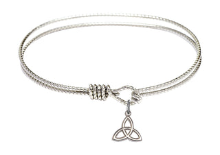 6 1/4 inch Oval Eye Hook Rhodium Bangle Bracelet with a Sterling Silver Trinity Irish Knot charm.
