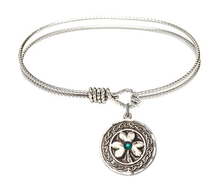 6 1/4 inch Oval Eye Hook Rhodium Bangle Bracelet with a Sterling Silver Shamrock with Celtic Border charm.