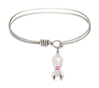 6 1/4 inch Oval Eye Hook Rhodium Bangle Bracelet with a Sterling Silver Cancer Awareness charm.