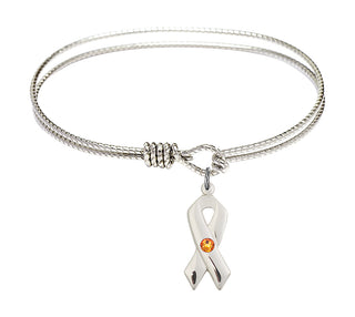 6 1/4 inch Oval Eye Hook Rhodium Bangle Bracelet with a Sterling Silver Cancer Awareness charm.