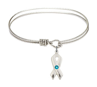 6 1/4 inch Oval Eye Hook Rhodium Bangle Bracelet with a Sterling Silver Cancer Awareness charm.