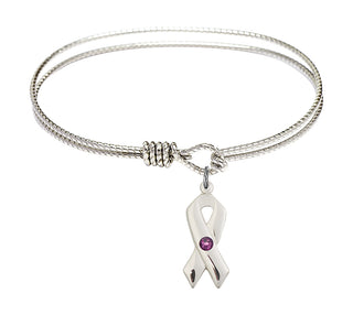 6 1/4 inch Oval Eye Hook Rhodium Bangle Bracelet with a Sterling Silver Cancer Awareness charm.