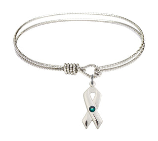 6 1/4 inch Oval Eye Hook Rhodium Bangle Bracelet with a Sterling Silver Cancer Awareness charm.