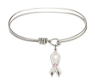 6 1/4 inch Oval Eye Hook Rhodium Bangle Bracelet with a Sterling Silver Cancer Awareness charm.