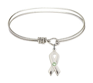 6 1/4 inch Oval Eye Hook Rhodium Bangle Bracelet with a Sterling Silver Cancer Awareness charm.