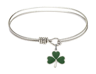 6 1/4 inch Oval Eye Hook Rhodium Bangle Bracelet with a Sterling Silver Shamrock charm.