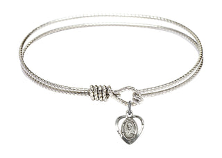 6 1/4 inch Oval Eye Hook Rhodium Bangle Bracelet with a Sterling Silver Scapular charm.