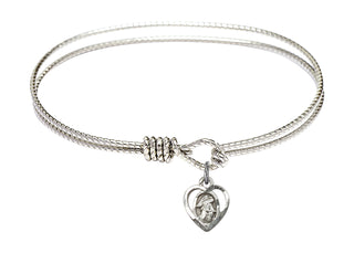 6 1/4 inch Oval Eye Hook Rhodium Bangle Bracelet with a Sterling Silver Guardian Angel charm. Engraved Catholic Saint Jewelry