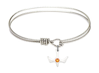 6 1/4 inch Oval Eye Hook Rhodium Bangle Bracelet with a Sterling Silver Holy Spirit charm.