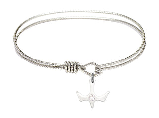6 1/4 inch Oval Eye Hook Rhodium Bangle Bracelet with a Sterling Silver Holy Spirit charm.