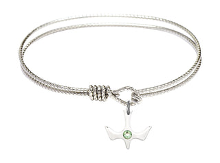 6 1/4 inch Oval Eye Hook Rhodium Bangle Bracelet with a Sterling Silver Holy Spirit charm.