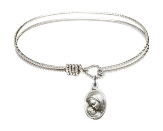 6 1/4 inch Oval Eye Hook Rhodium Bangle Bracelet with a Sterling Silver Madonna & Child charm.