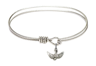 6 1/4 inch Oval Eye Hook Rhodium Bangle Bracelet with a Sterling Silver Holy Spirit charm.