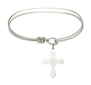 6 1/4 inch Oval Eye Hook Rhodium Bangle Bracelet with a Sterling Silver Cross charm.