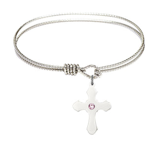 6 1/4 inch Oval Eye Hook Rhodium Bangle Bracelet with a Sterling Silver Cross charm.