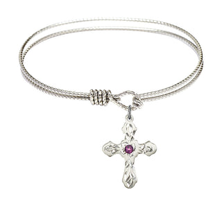 6 1/4 inch Oval Eye Hook Rhodium Bangle Bracelet with a Sterling Silver Cross charm. Engraved Catholic Saint Jewelry
