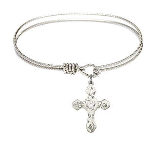 6 1/4 inch Oval Eye Hook Rhodium Bangle Bracelet with a Sterling Silver Cross charm. Engraved Catholic Saint Jewelry