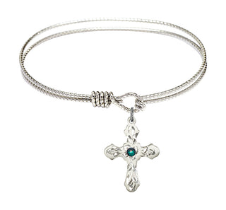 6 1/4 inch Oval Eye Hook Rhodium Bangle Bracelet with a Sterling Silver Cross charm. Engraved Catholic Saint Jewelry