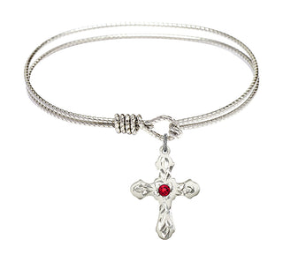6 1/4 inch Oval Eye Hook Rhodium Bangle Bracelet with a Sterling Silver Cross charm. Engraved Catholic Saint Jewelry