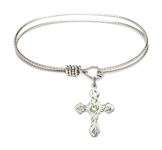 6 1/4 inch Oval Eye Hook Rhodium Bangle Bracelet with a Sterling Silver Cross charm. Engraved Catholic Saint Jewelry