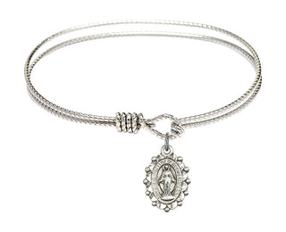 6 1/4 inch Oval Eye Hook Rhodium Bangle Bracelet with a Sterling Silver Miraculous charm.
