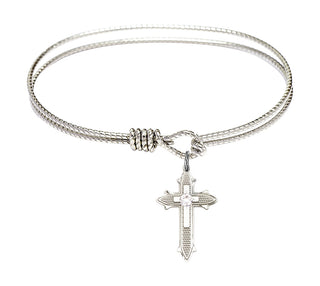 6 1/4 inch Oval Eye Hook Rhodium Bangle Bracelet with a Sterling Silver Cross on Cross charm. Engraved Catholic Saint Jewelry